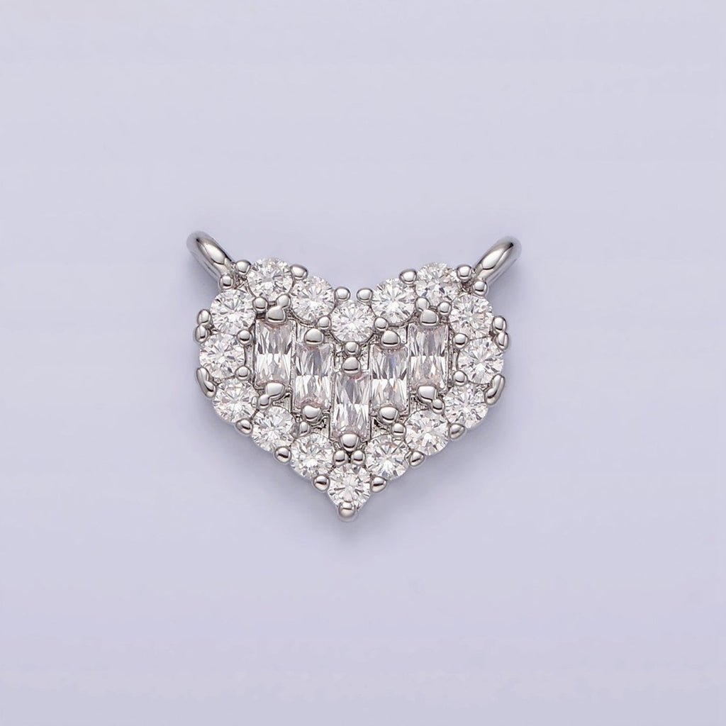 White Gold plated Clear Multiple Baguette Micro Paved CZ 14mm Heart Connector G-787 - DLUXCA