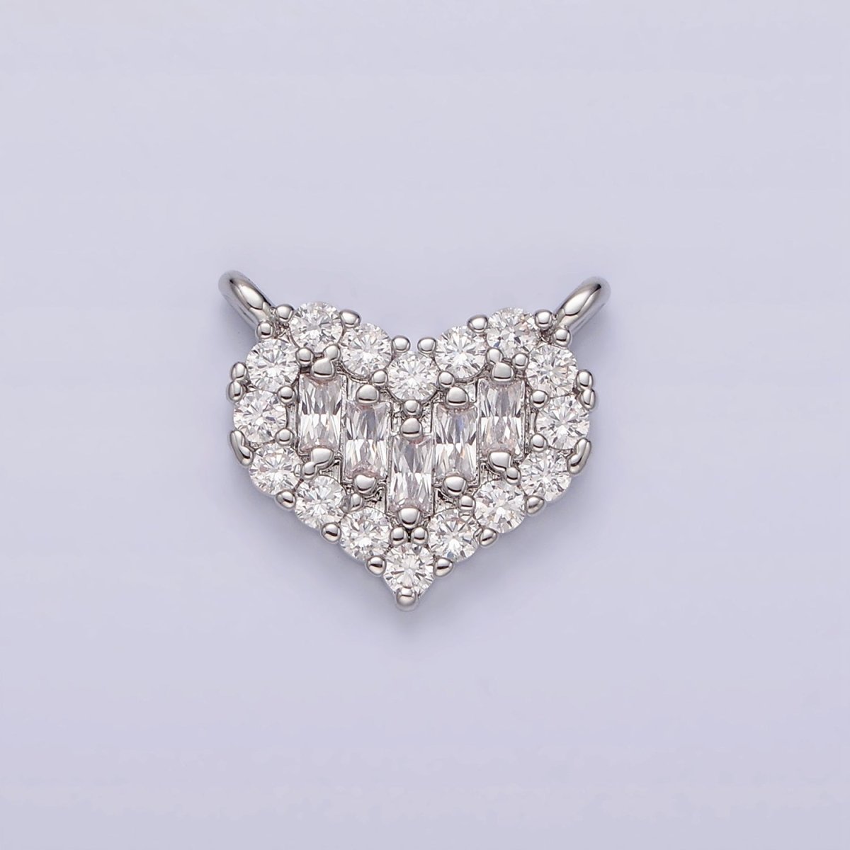 White Gold plated Clear Multiple Baguette Micro Paved CZ 14mm Heart Connector G-787 - DLUXCA