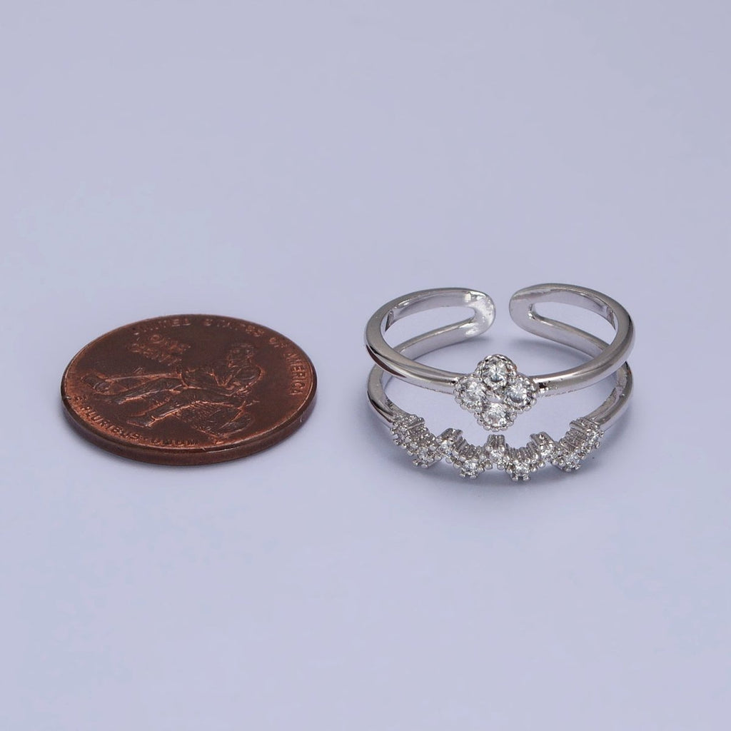 White Gold plated Clear Quatrefoil Micro Paved CZ Double Band Silver Ring | Y-581 - DLUXCA