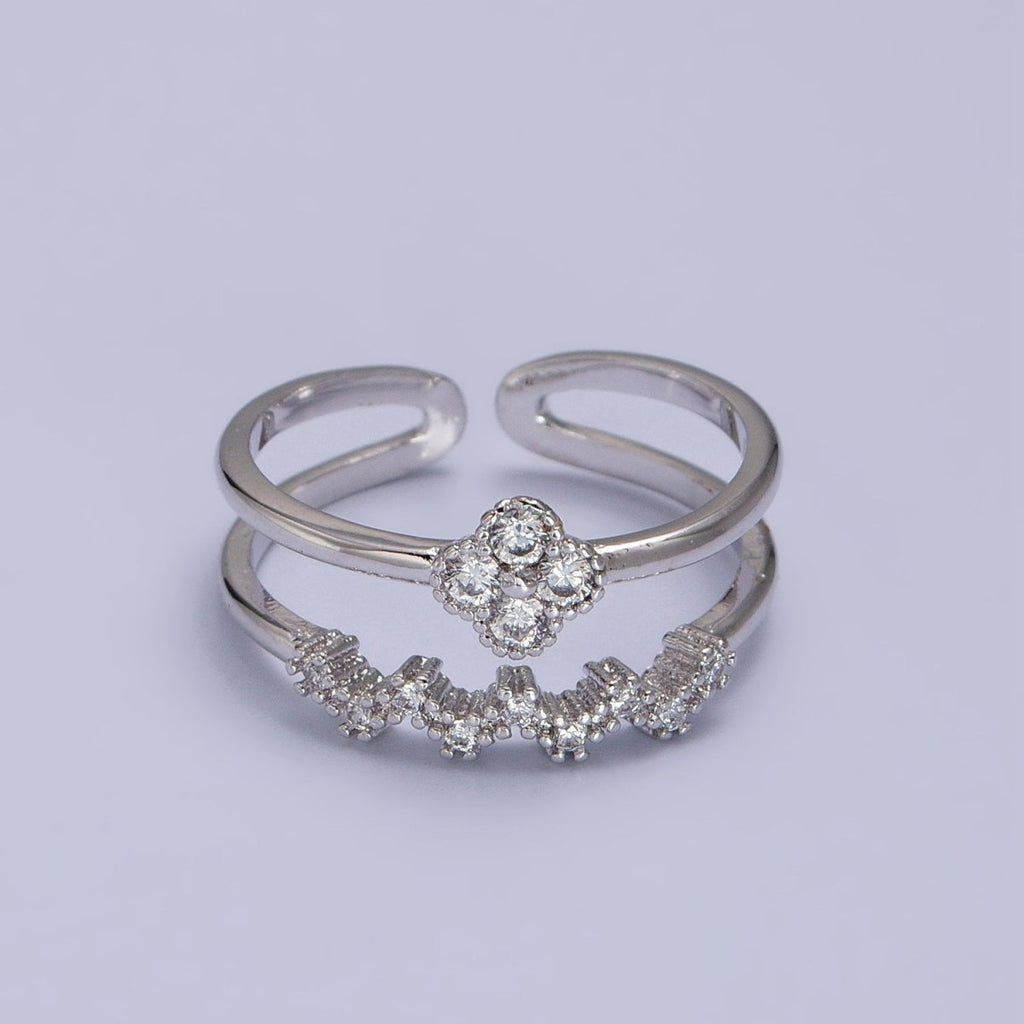 White Gold plated Clear Quatrefoil Micro Paved CZ Double Band Silver Ring | Y-581 - DLUXCA
