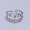 White Gold plated Clear Quatrefoil Micro Paved CZ Double Band Silver Ring | Y-581 - DLUXCA