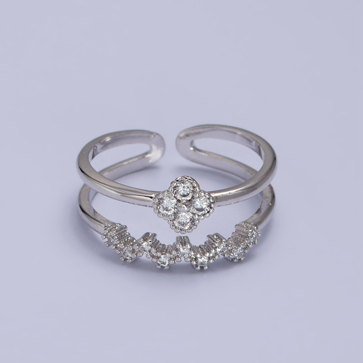 White Gold plated Clear Quatrefoil Micro Paved CZ Double Band Silver Ring | Y-581 - DLUXCA