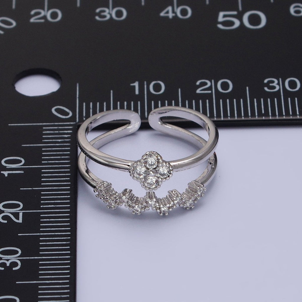 White Gold plated Clear Quatrefoil Micro Paved CZ Double Band Silver Ring | Y-581 - DLUXCA