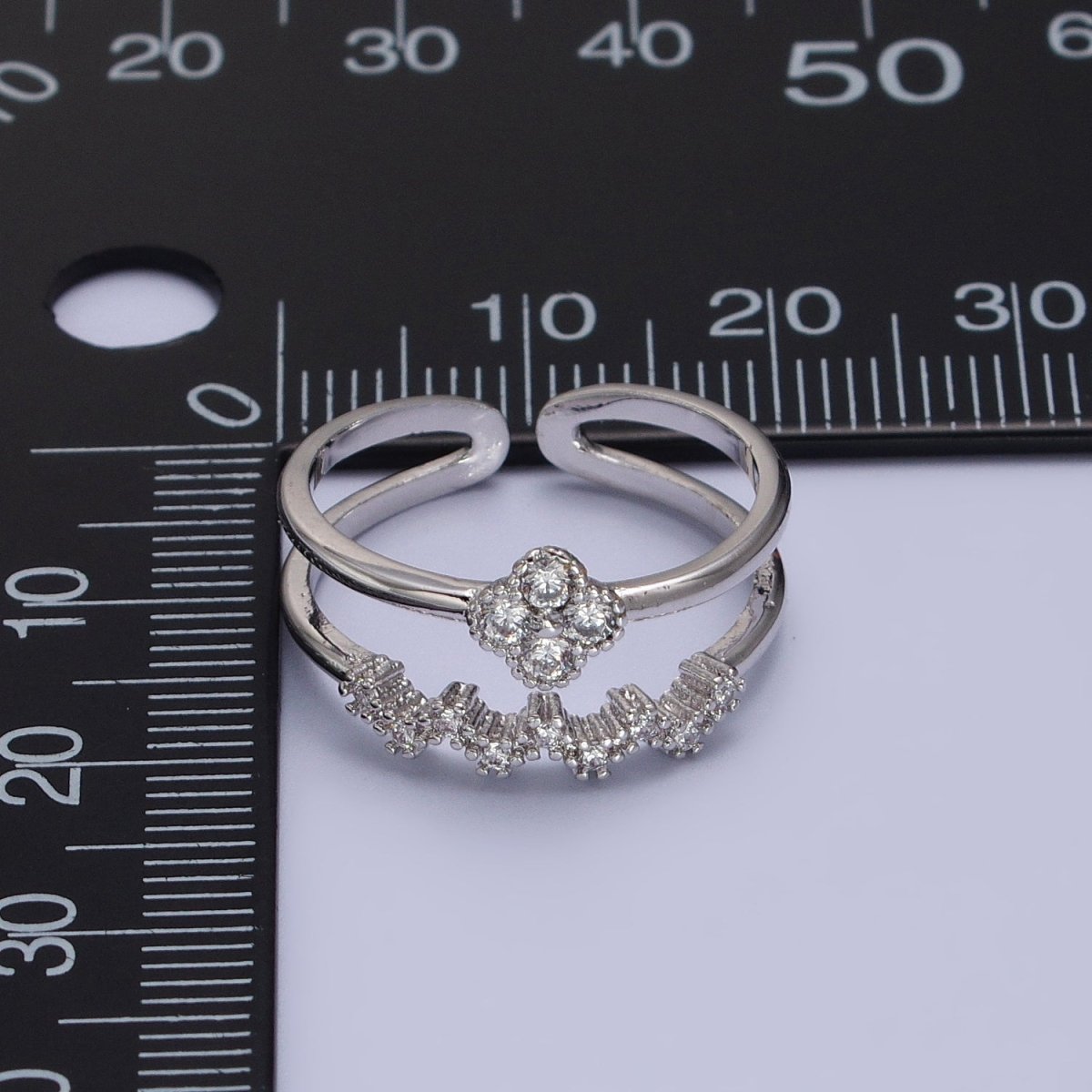 White Gold plated Clear Quatrefoil Micro Paved CZ Double Band Silver Ring | Y-581 - DLUXCA