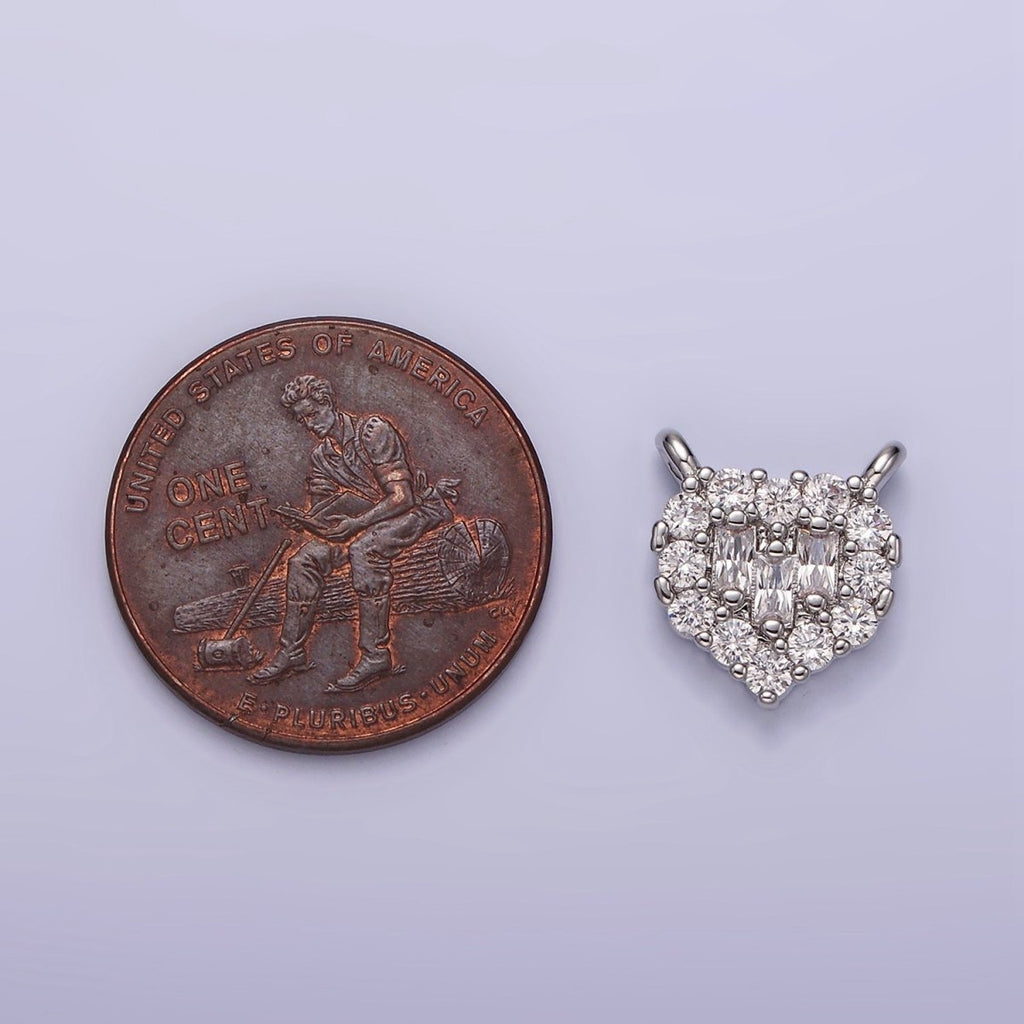 White Gold plated Clear Triple Baguette Micro Paved CZ 10mm Heart Connector G-786 - DLUXCA