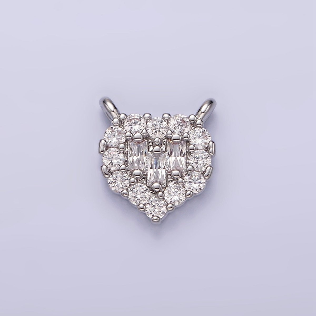 White Gold plated Clear Triple Baguette Micro Paved CZ 10mm Heart Connector G-786 - DLUXCA