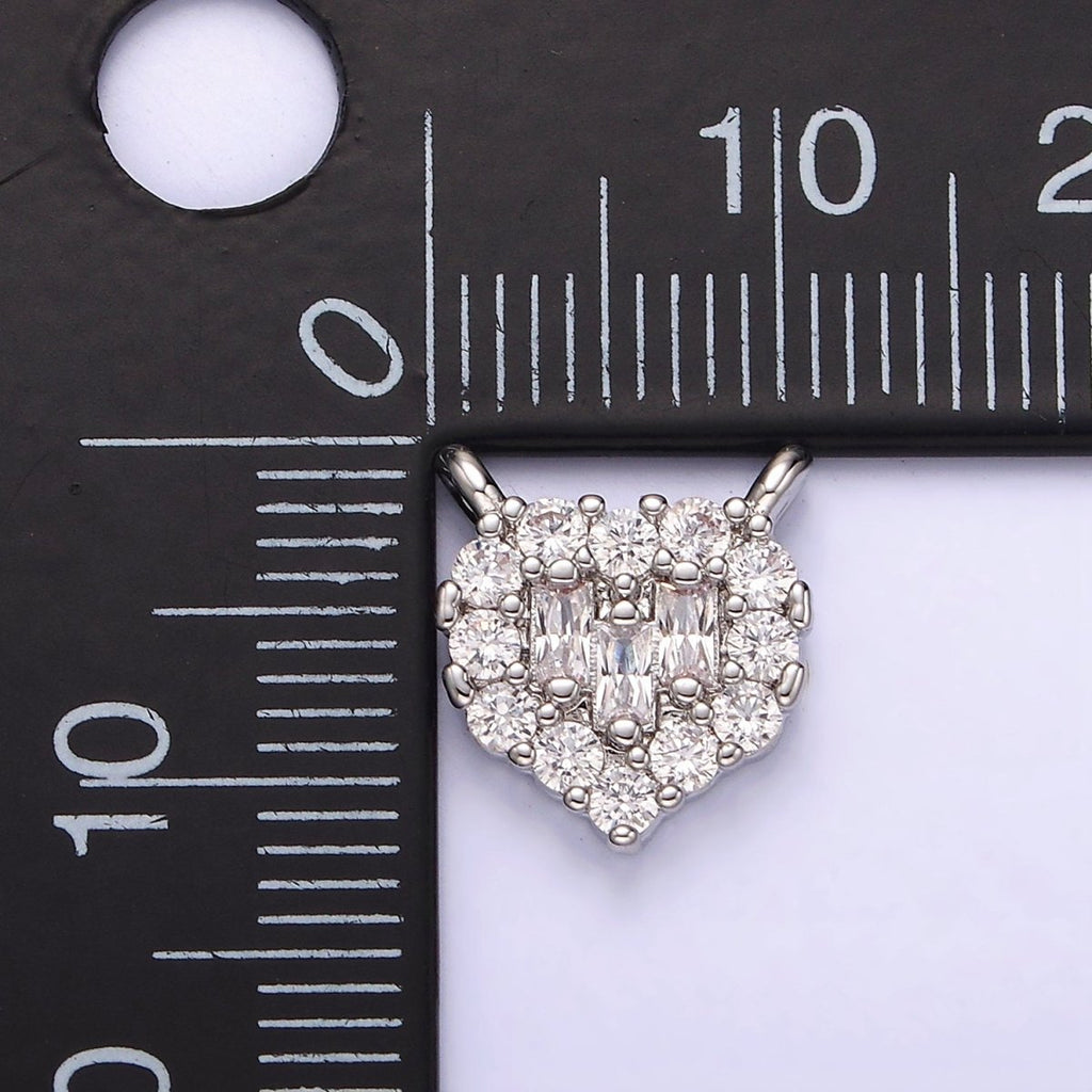 White Gold plated Clear Triple Baguette Micro Paved CZ 10mm Heart Connector G-786 - DLUXCA