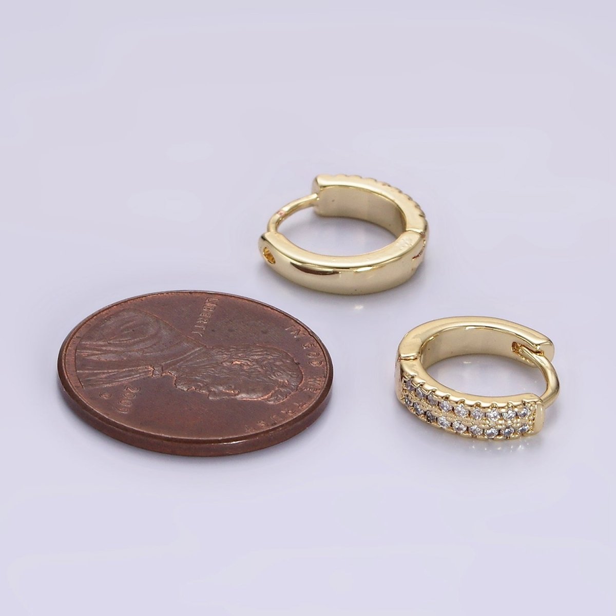 White Gold plated CZ Double Micro Paved Lined 12mm Cartilage Huggie Earrings in Silver | AE100 - DLUXCA