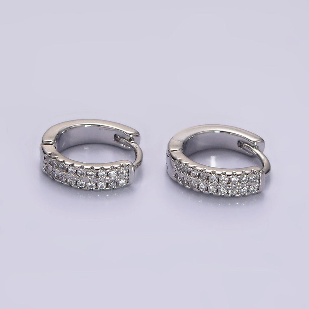 White Gold plated CZ Double Micro Paved Lined 12mm Cartilage Huggie Earrings in Silver | AE100 - DLUXCA