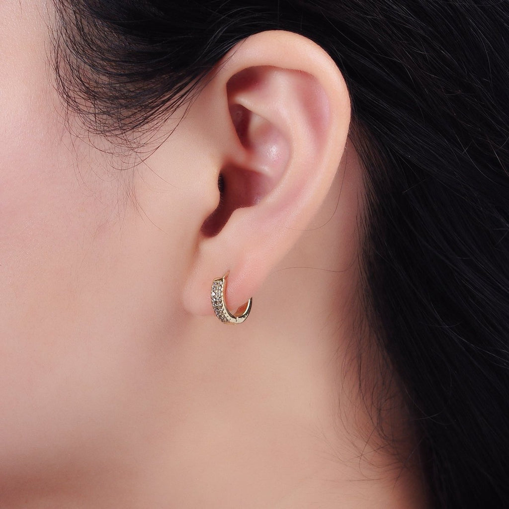 White Gold plated CZ Double Micro Paved Lined 12mm Cartilage Huggie Earrings in Silver | AE100 - DLUXCA