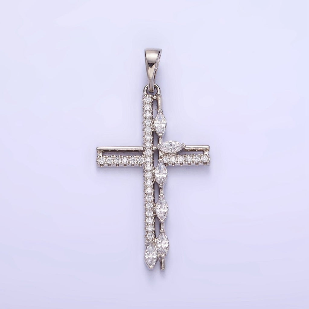 White Gold plated CZ Marquise Micro Paved Open Cross Religious Pendant | AA1127 - DLUXCA