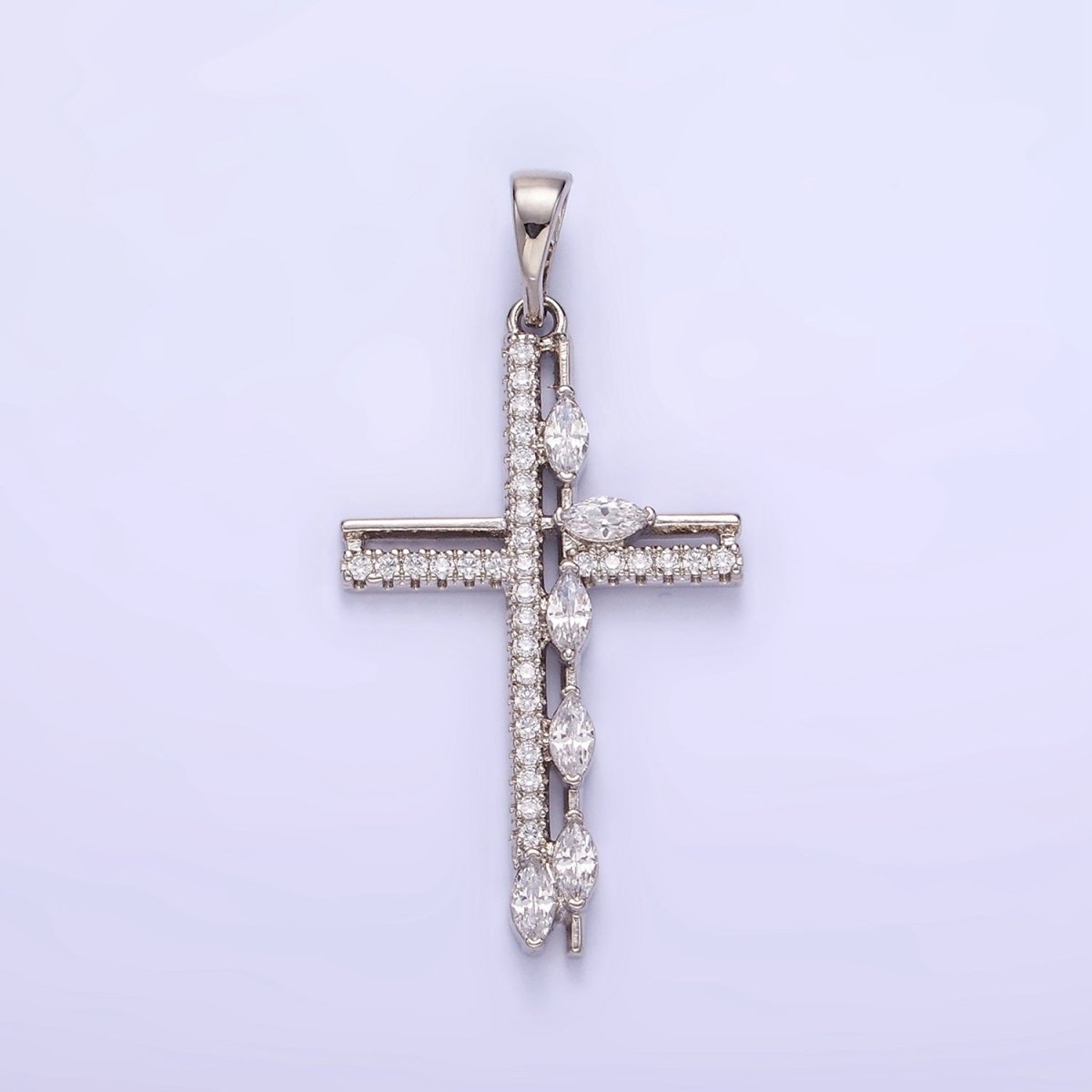 White Gold plated CZ Marquise Micro Paved Open Cross Religious Pendant | AA1127 - DLUXCA