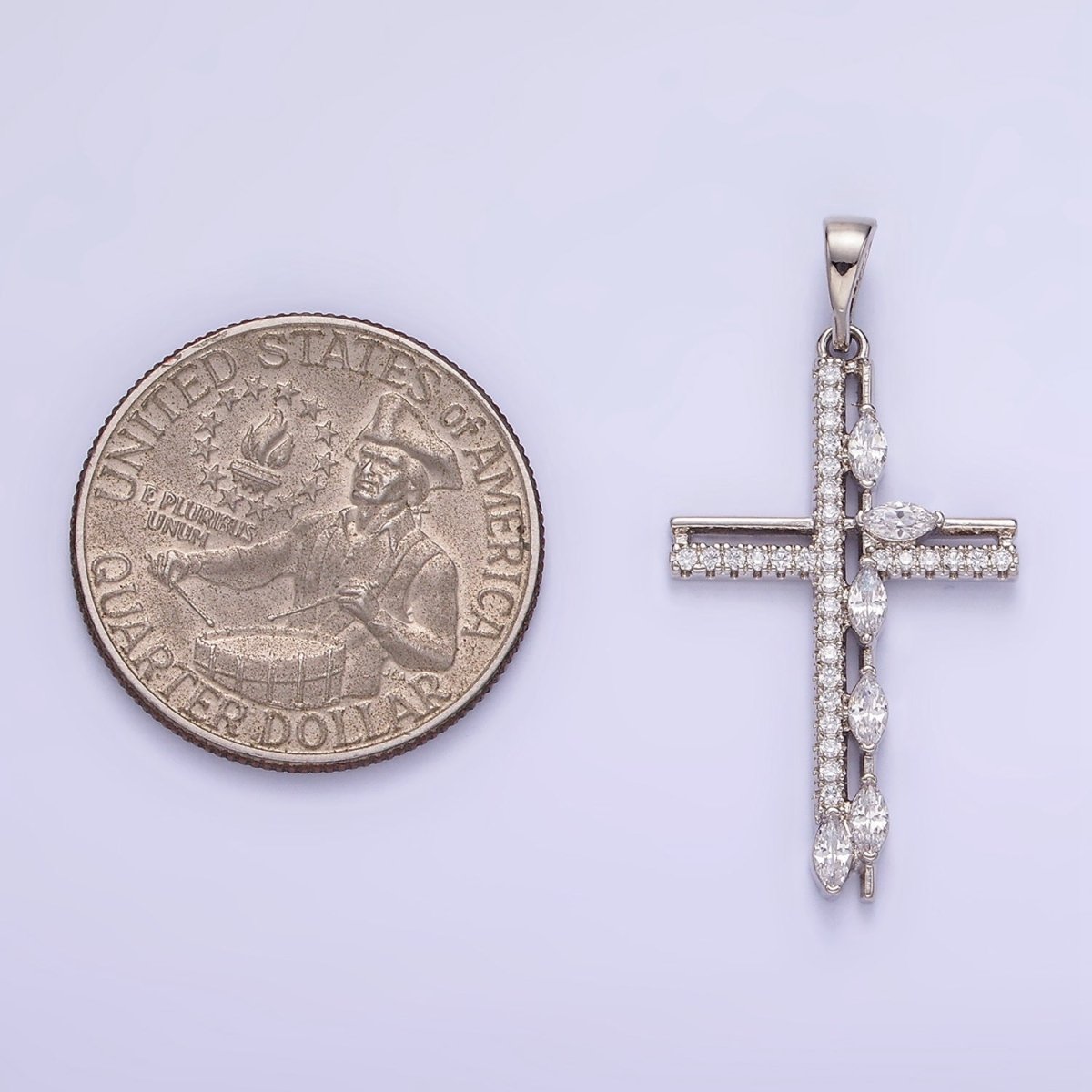 White Gold plated CZ Marquise Micro Paved Open Cross Religious Pendant | AA1127 - DLUXCA