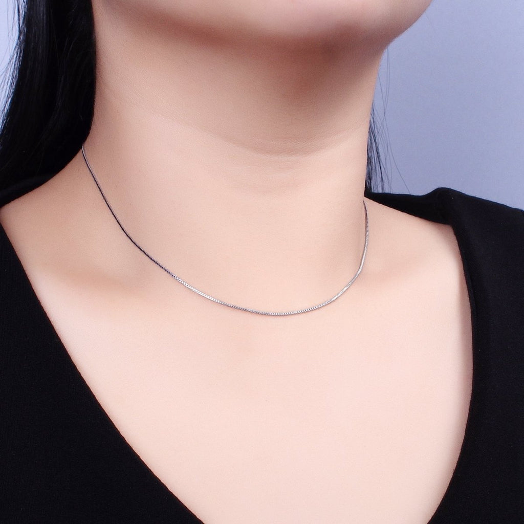 White Gold plated Dainty 1mm Box Chain 15.75 Choker Necklace with Spring Ring | WA-1737 Clearance Pricing - DLUXCA