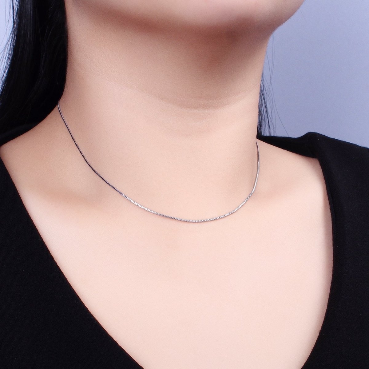 White Gold plated Dainty 1mm Box Chain 15.75 Choker Necklace with Spring Ring | WA-1737 Clearance Pricing - DLUXCA