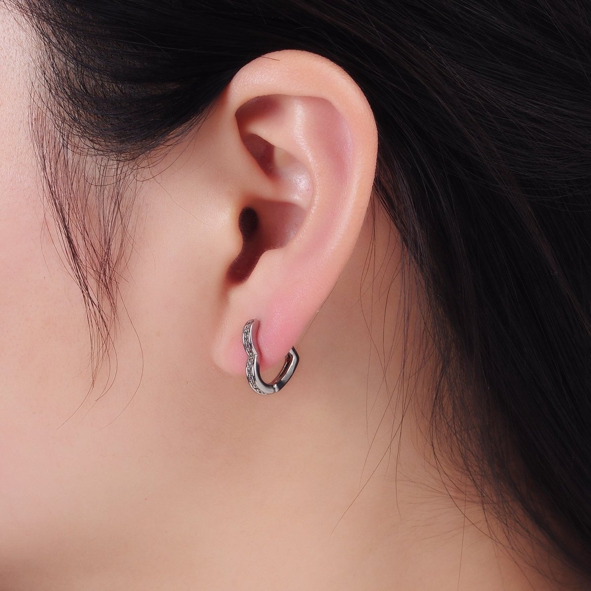 White Gold plated Dotted Lined Heart Huggie Earrings | AB1271 - DLUXCA