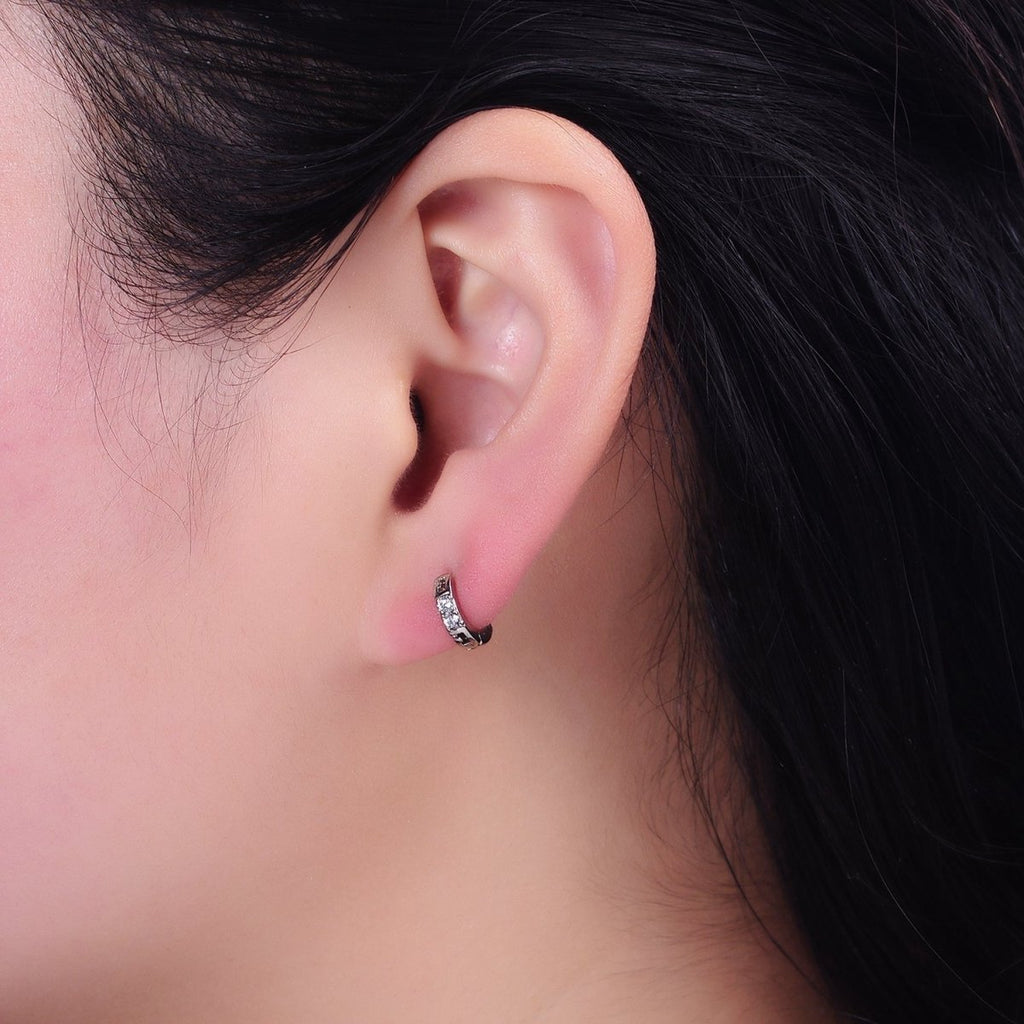 White Gold plated Double Two Clear CZ Lined 10mm Cartilage Huggie Earrings | AD1450 - DLUXCA