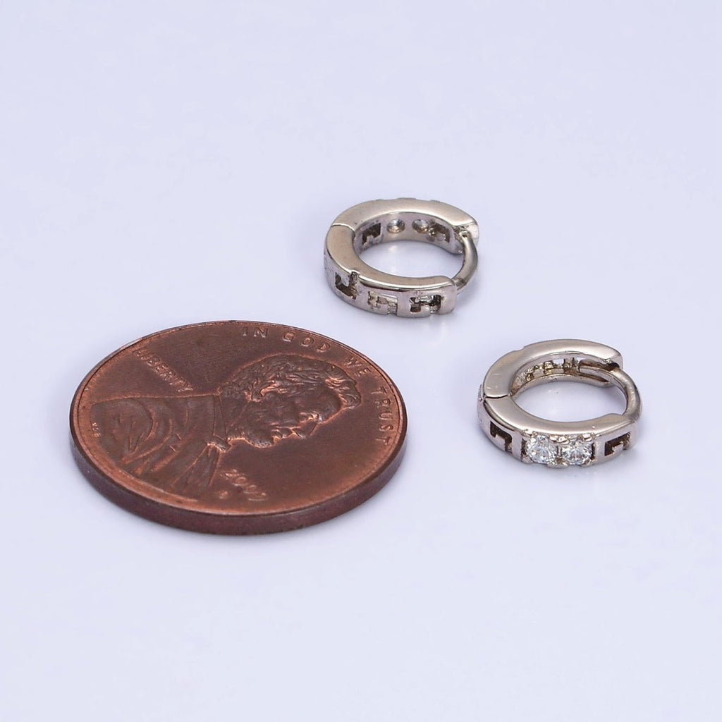 White Gold plated Double Two Clear CZ Lined 10mm Cartilage Huggie Earrings | AD1450 - DLUXCA