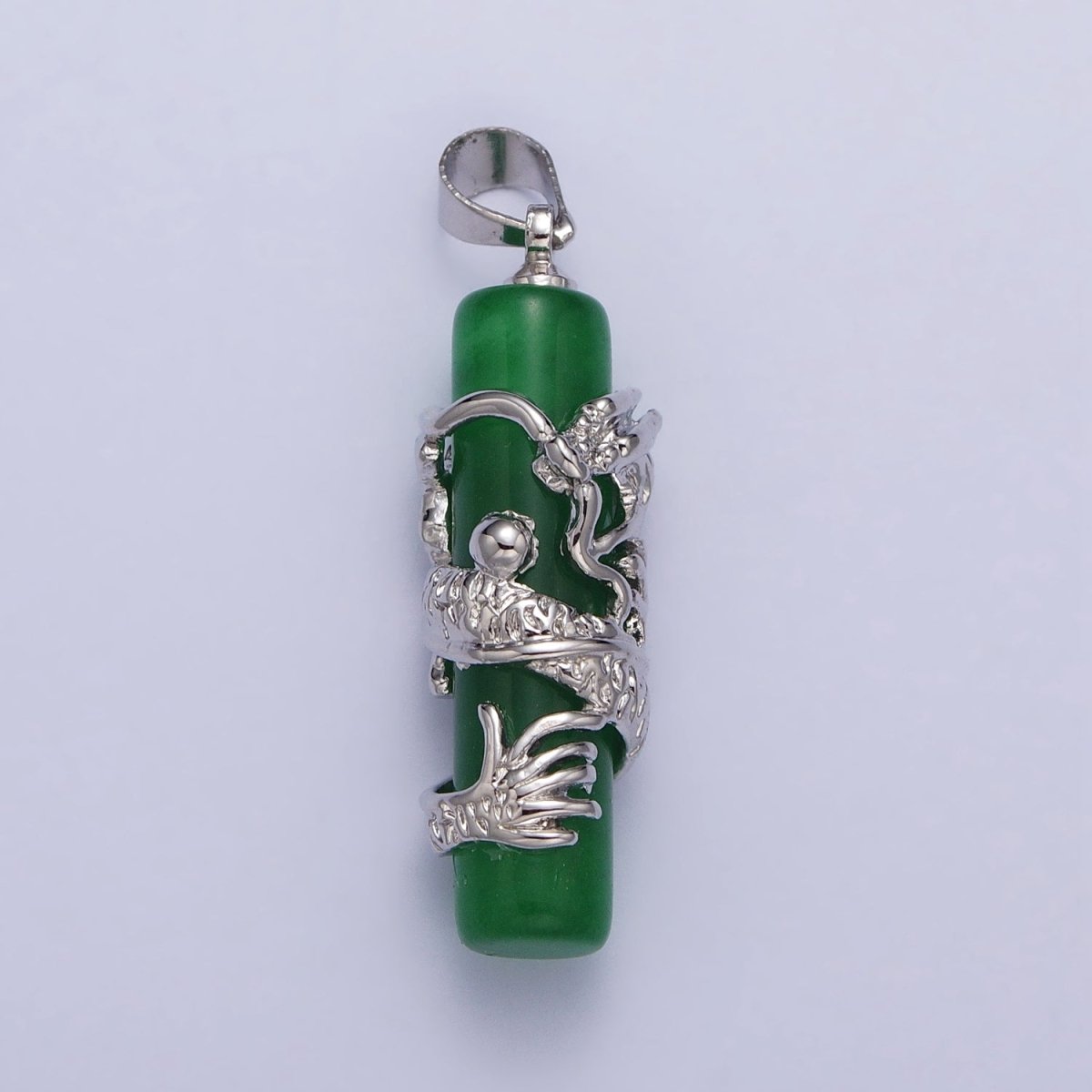 White Gold plated Dragon Green Jade Cylinder Bar Amulet Pendant | AA102 - DLUXCA