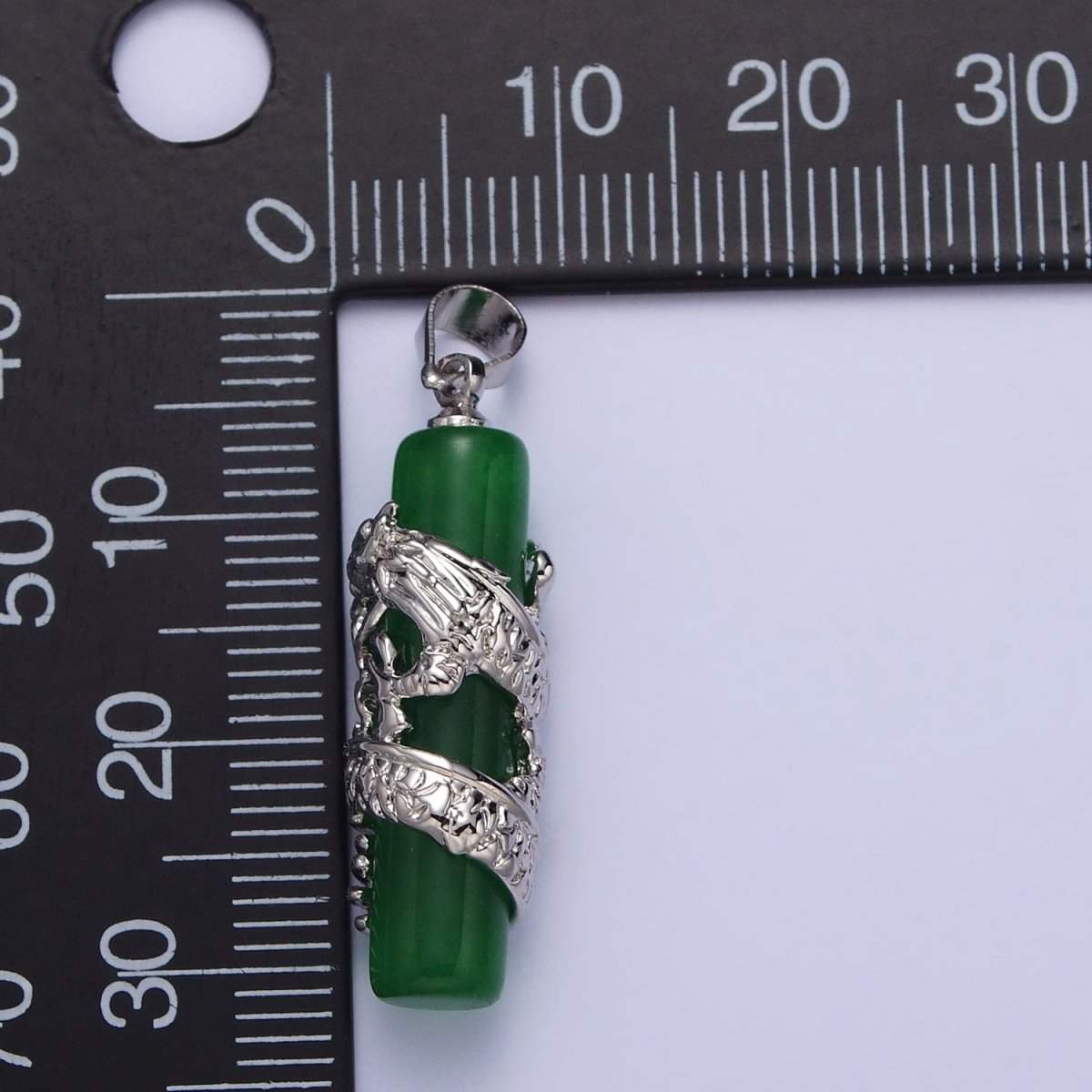 White Gold plated Dragon Green Jade Cylinder Bar Amulet Pendant | AA102 - DLUXCA