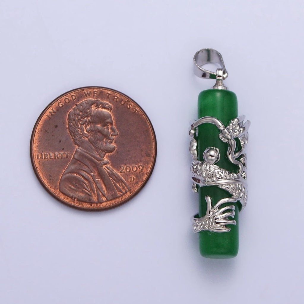 White Gold plated Dragon Green Jade Cylinder Bar Amulet Pendant | AA102 - DLUXCA