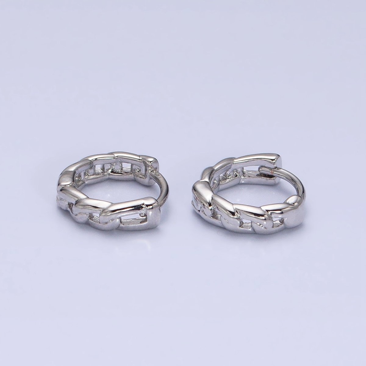 White Gold plated Flat Curb Link 11mm Cartilage Huggie Earrings | AD858 - DLUXCA