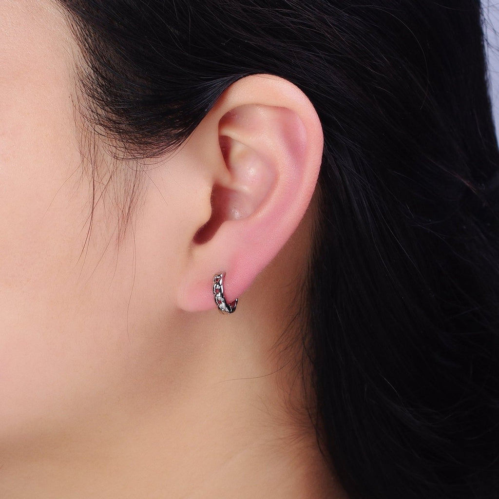 White Gold plated Flat Curb Link 11mm Cartilage Huggie Earrings | AD858 - DLUXCA