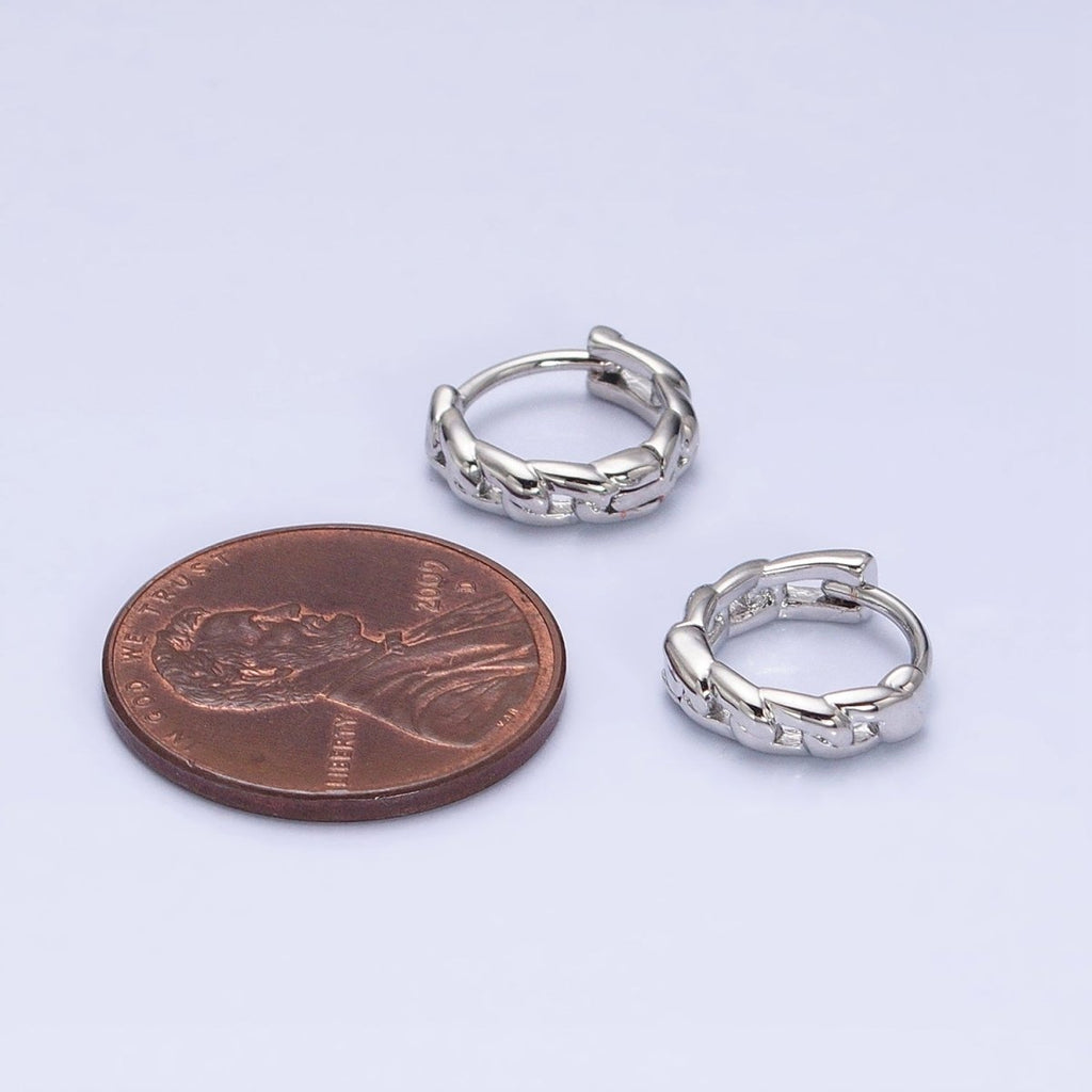 White Gold plated Flat Curb Link 11mm Cartilage Huggie Earrings | AD858 - DLUXCA