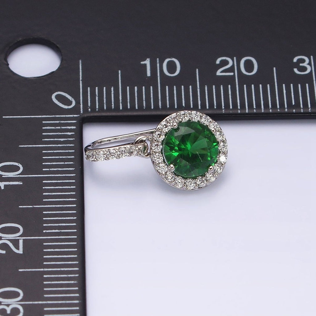 White Gold plated Green CZ Round Micro Paved CZ French Hook Earrings | AD1451 - DLUXCA