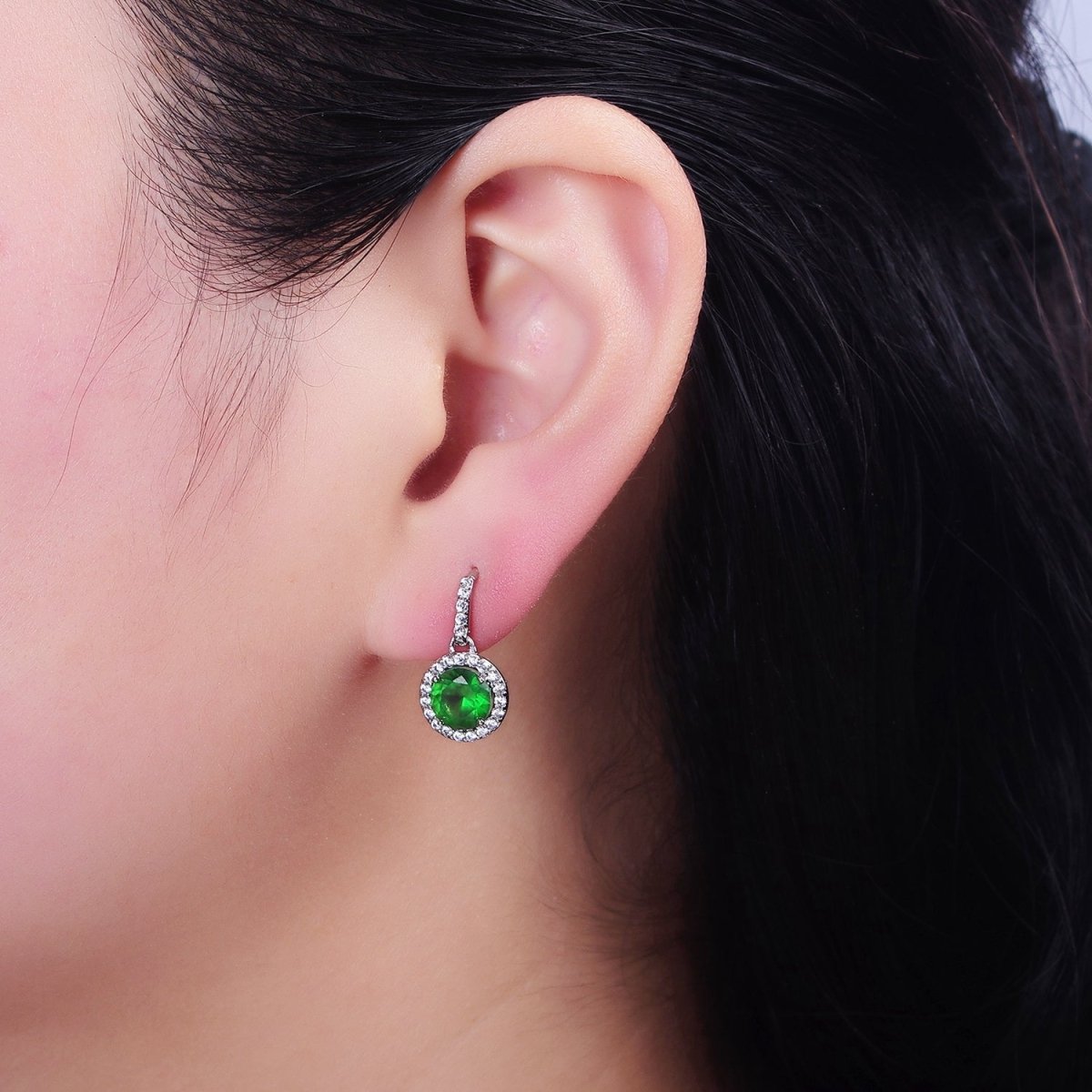 White Gold plated Green CZ Round Micro Paved CZ French Hook Earrings | AD1451 - DLUXCA