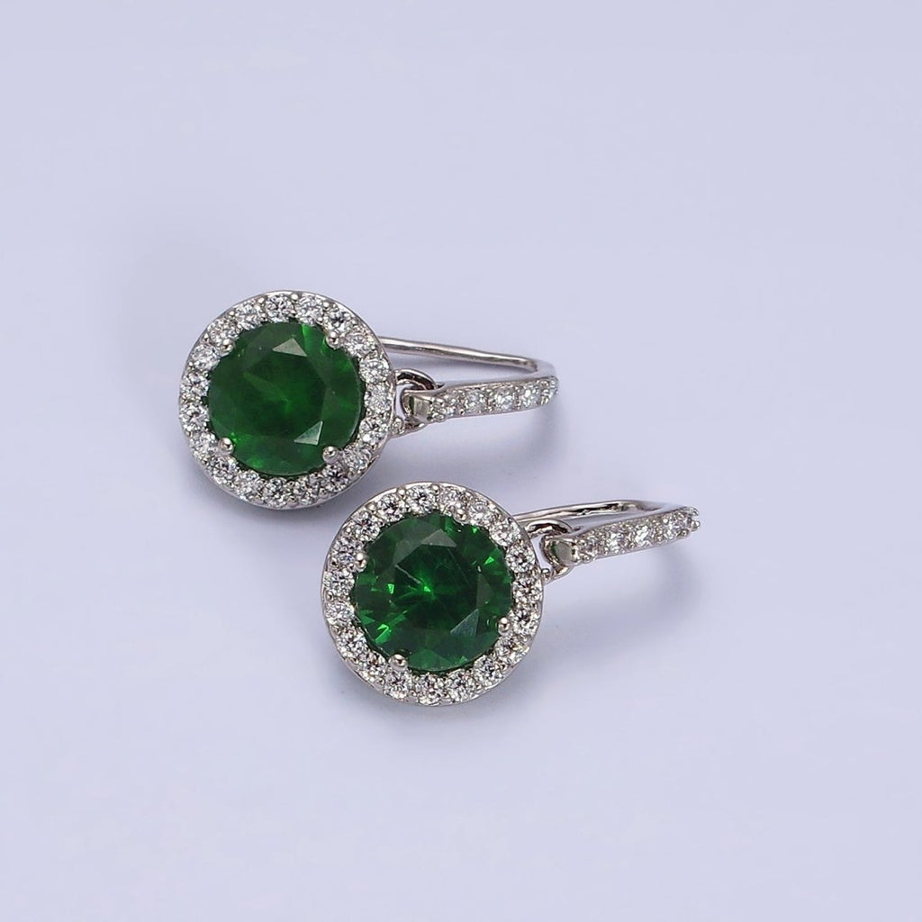 White Gold plated Green CZ Round Micro Paved CZ French Hook Earrings | AD1451 - DLUXCA