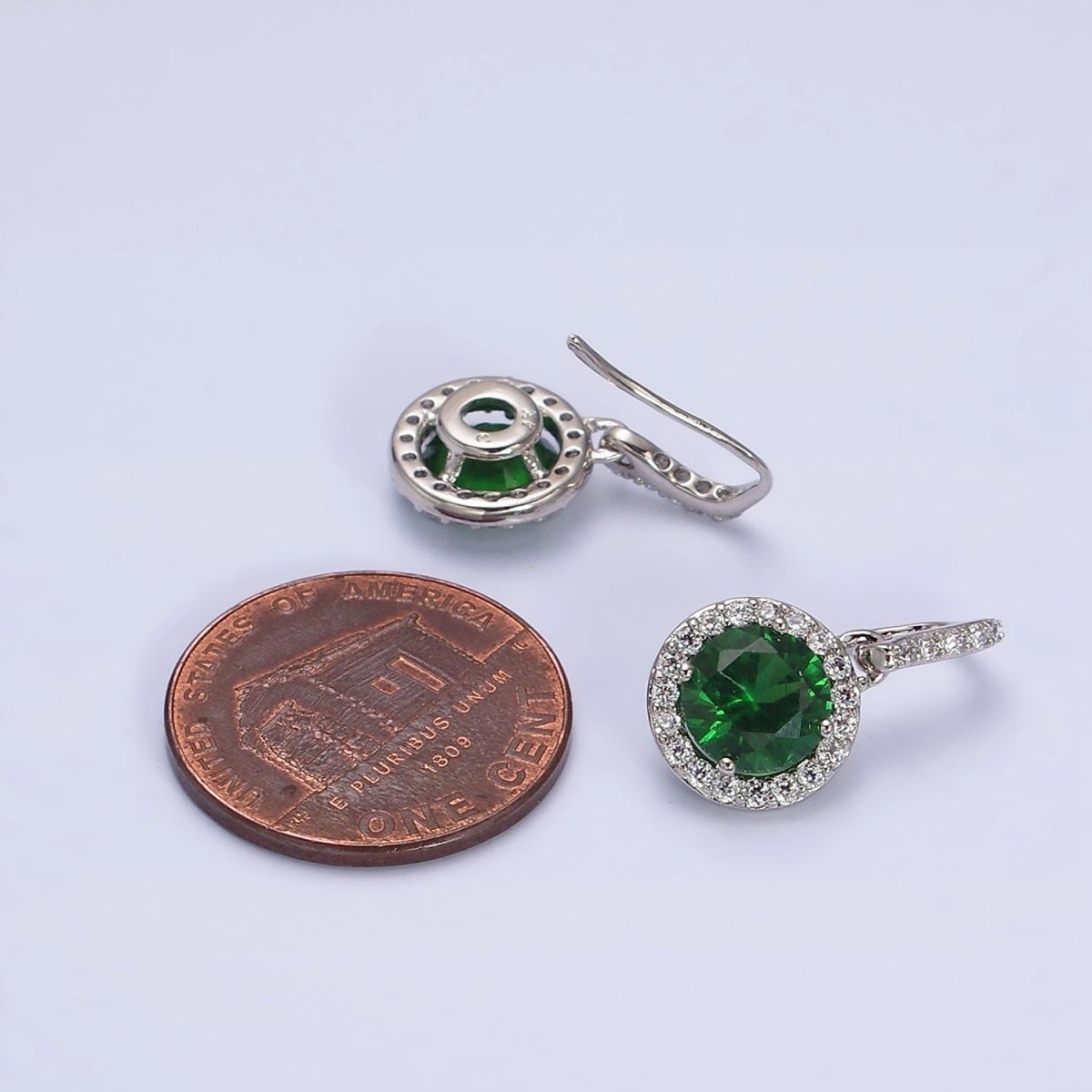 White Gold plated Green CZ Round Micro Paved CZ French Hook Earrings | AD1451 - DLUXCA