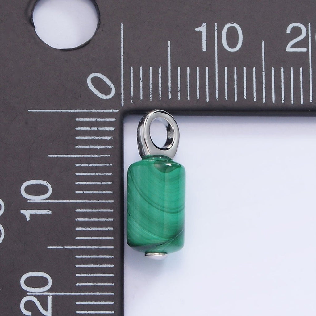 White Gold plated Green Malachite Gemstone Cylinder Charm | W522 - DLUXCA