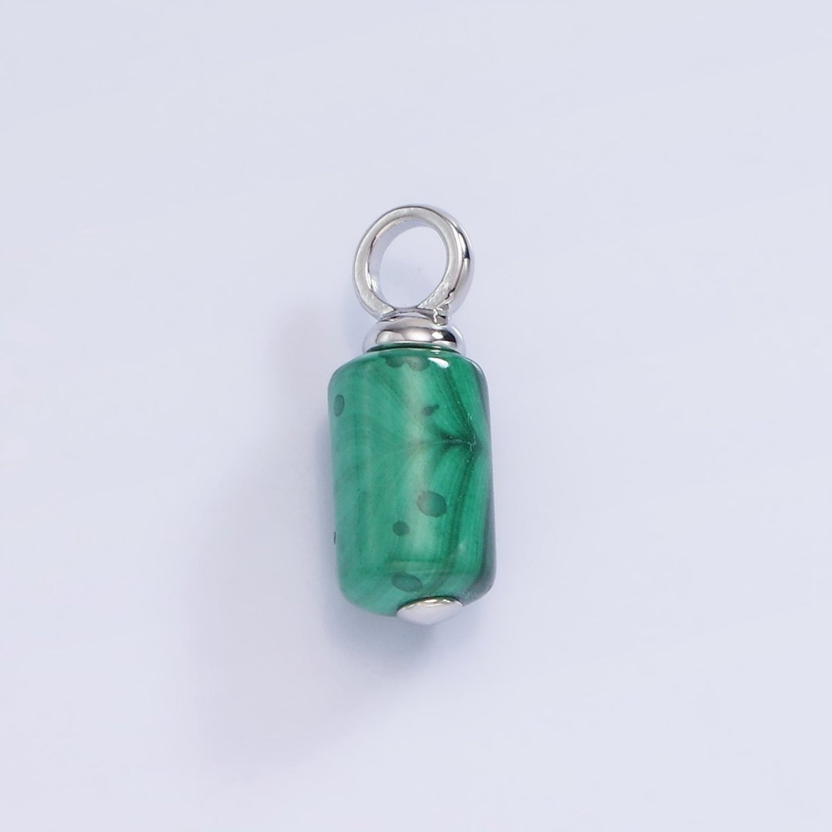White Gold plated Green Malachite Gemstone Cylinder Charm | W522 - DLUXCA
