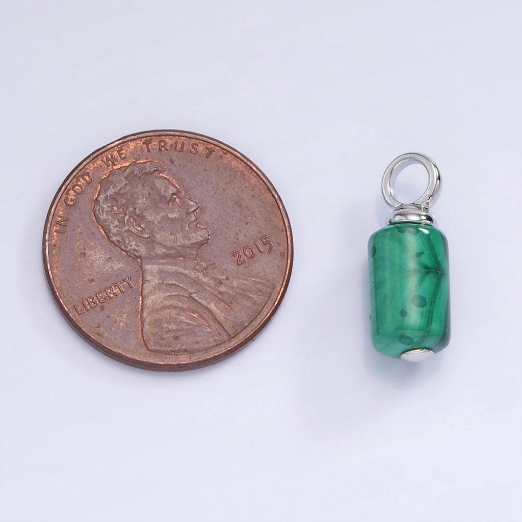 White Gold plated Green Malachite Gemstone Cylinder Charm | W522 - DLUXCA