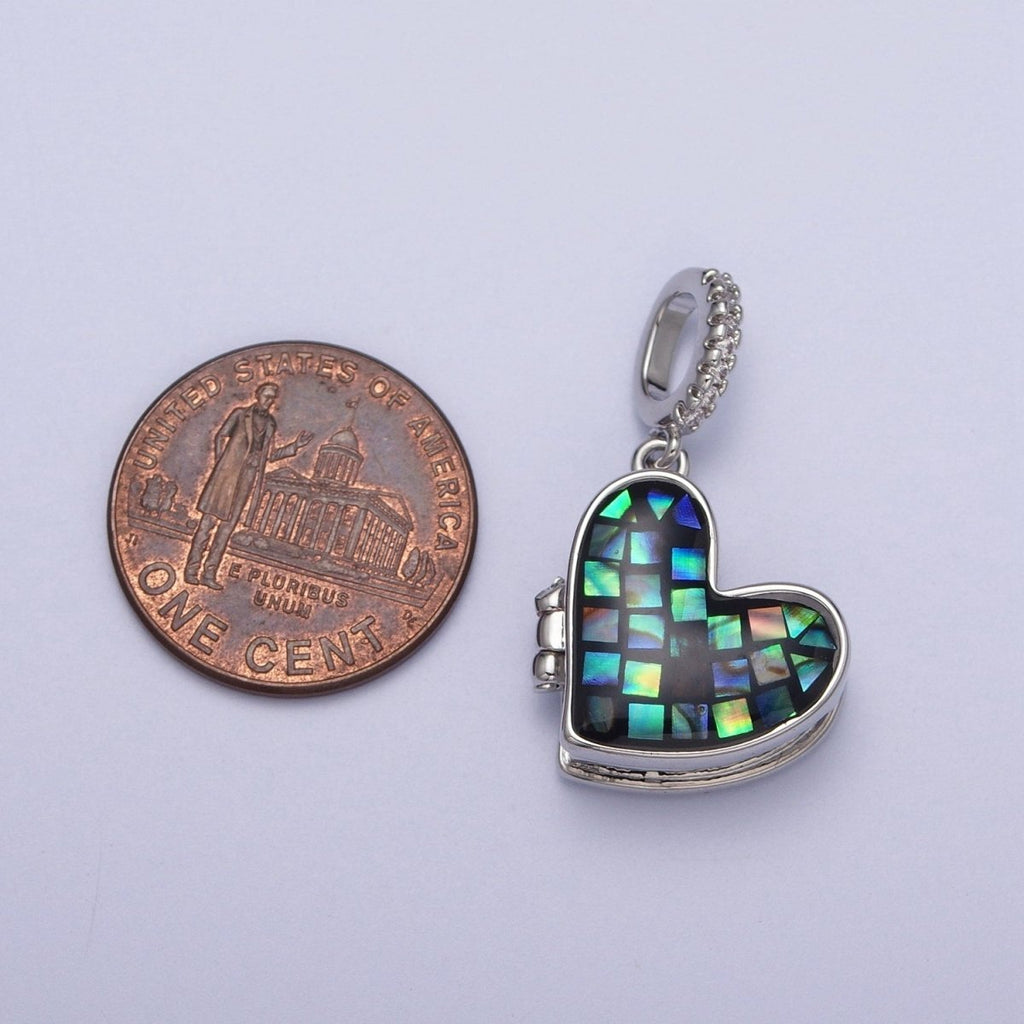 White Gold plated Heart Black, Blue, Pink, White, Green Shell Opal Heart Locket Pendant H-086 H-090 H-091 H-097 H-103