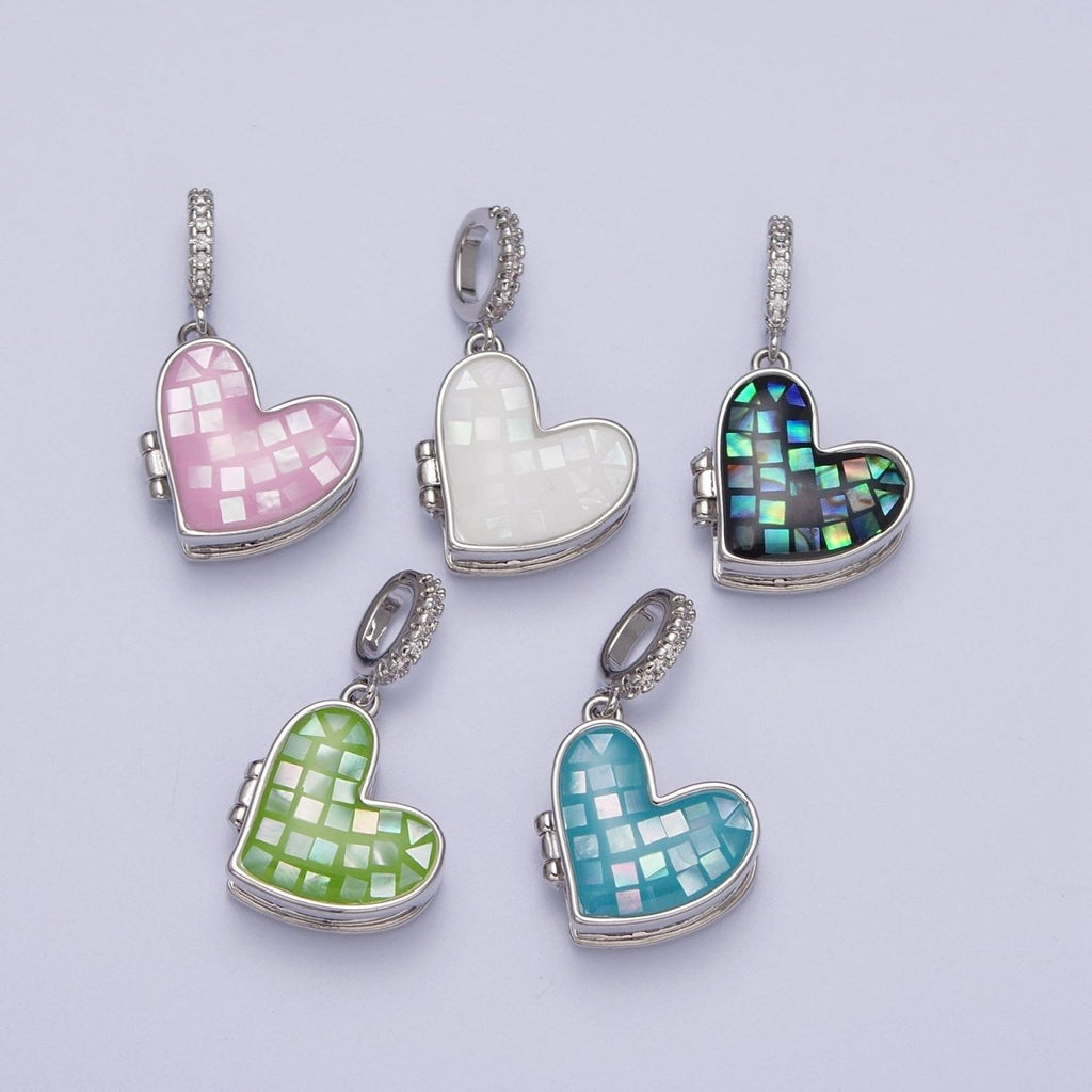 White Gold plated Heart Black, Blue, Pink, White, Green Shell Opal Heart Locket Pendant H-086 H-090 H-091 H-097 H-103