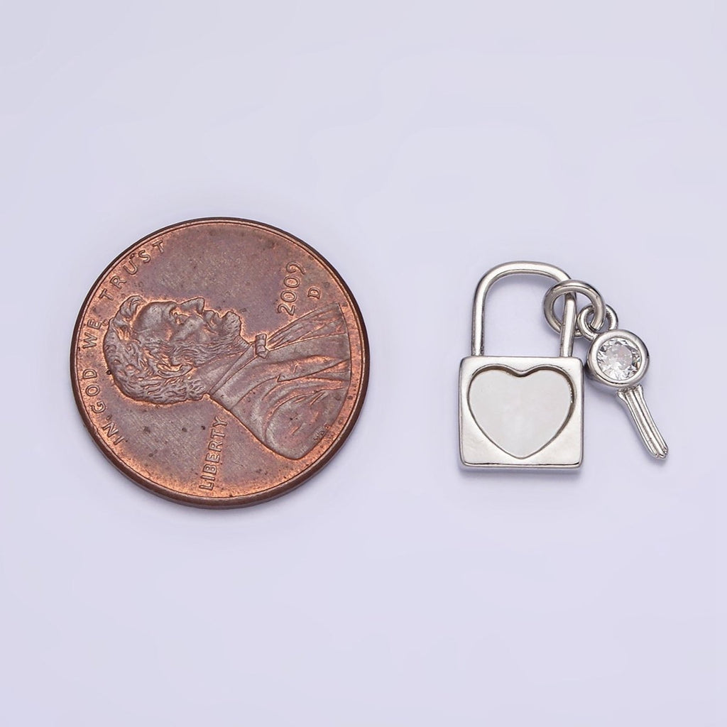 White Gold plated Heart Shell Pearl CZ Key Padlock Pendant | N1007 - DLUXCA