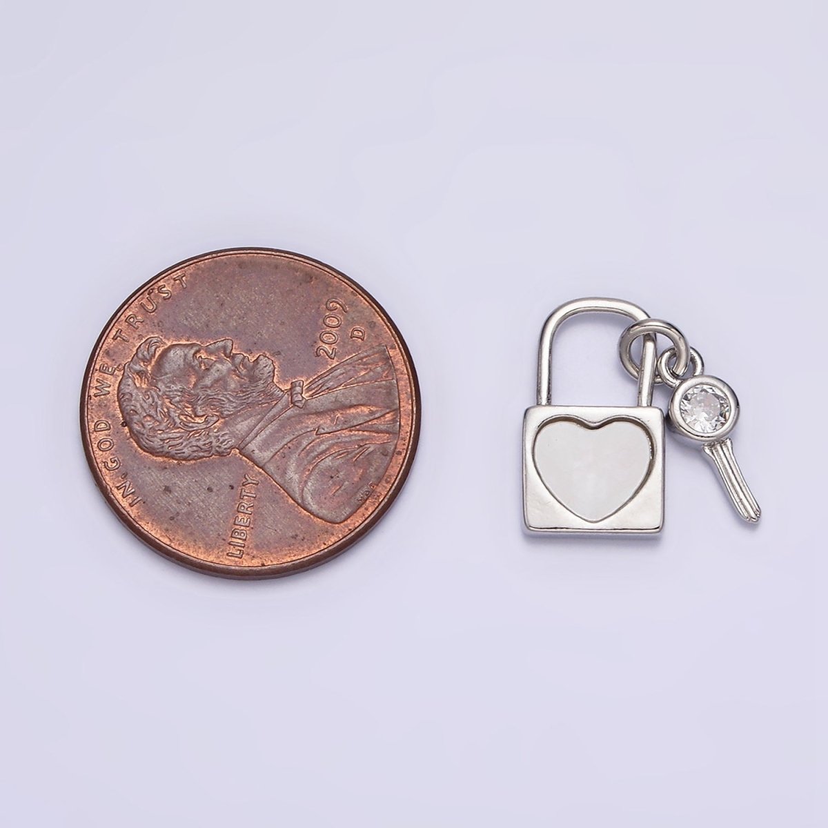 White Gold plated Heart Shell Pearl CZ Key Padlock Pendant | N1007 - DLUXCA