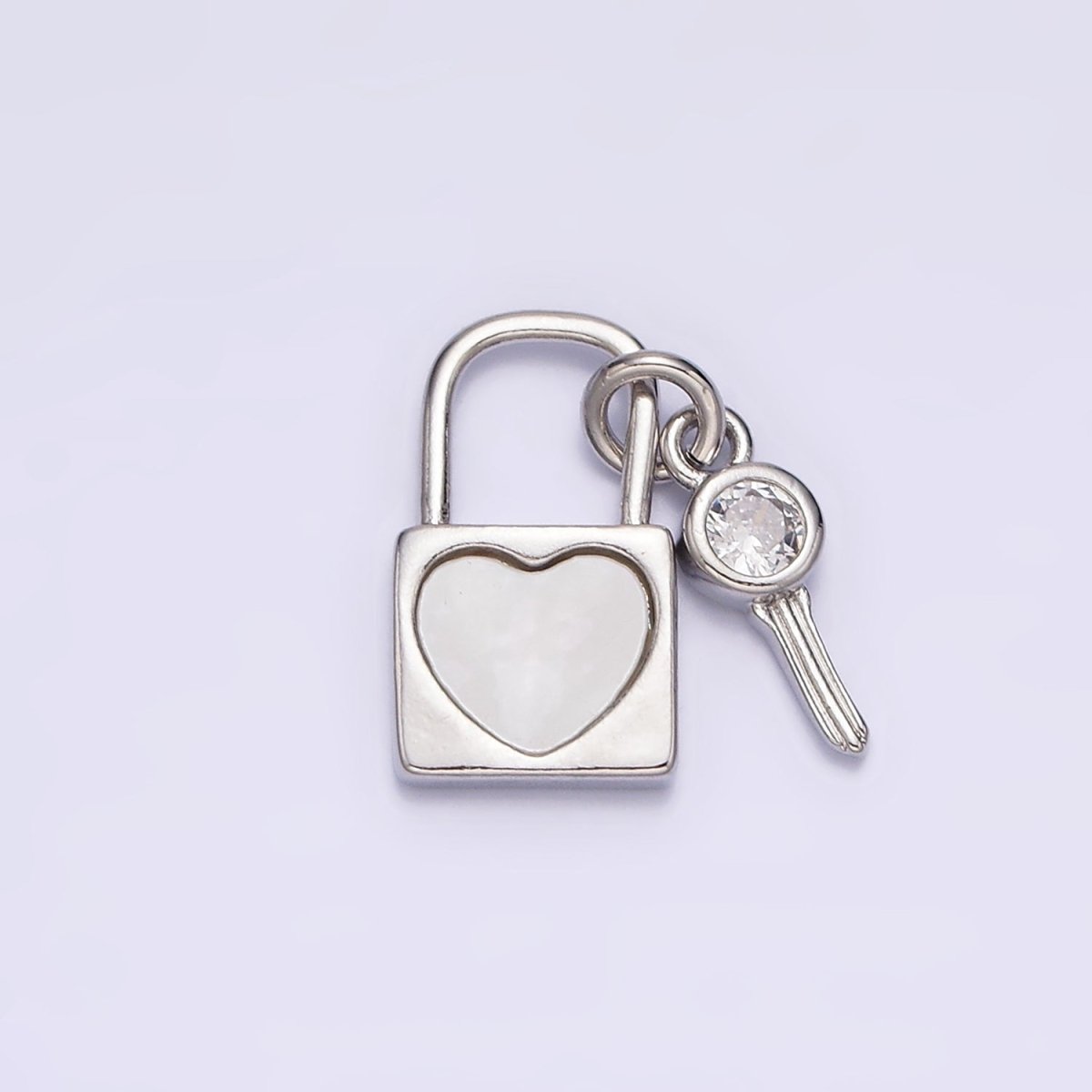 White Gold plated Heart Shell Pearl CZ Key Padlock Pendant | N1007 - DLUXCA