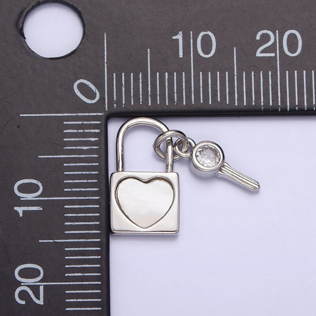 White Gold plated Heart Shell Pearl CZ Key Padlock Pendant | N1007 - DLUXCA