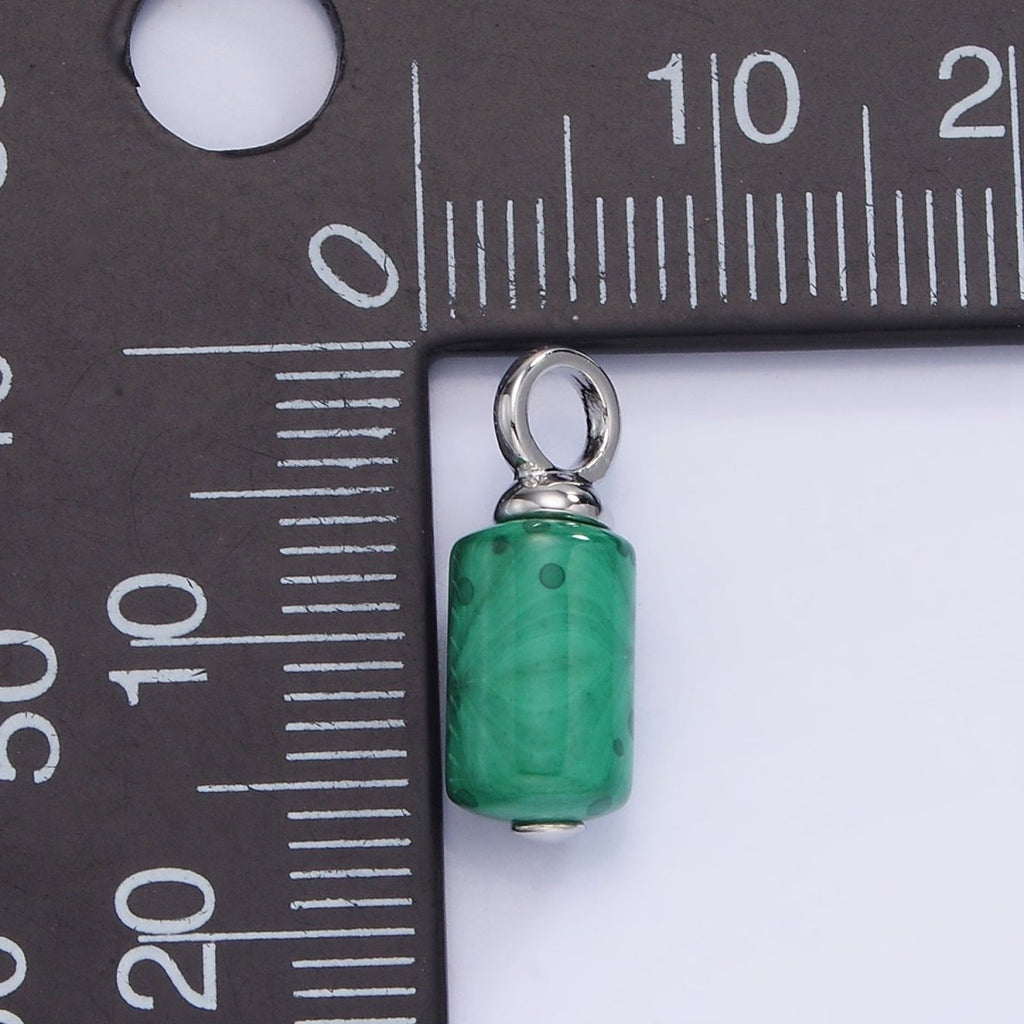 White Gold plated Malachite Cylinder Tube Charm | W521 - DLUXCA