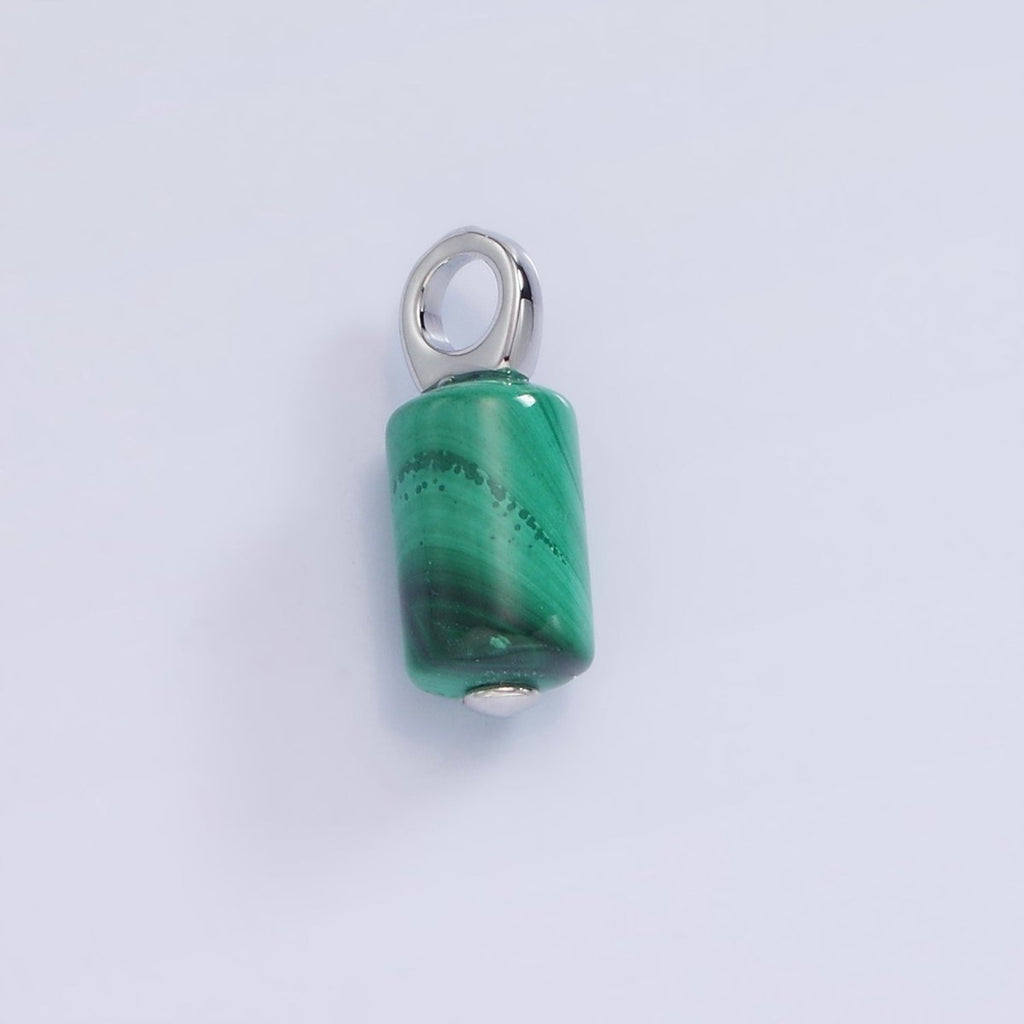 White Gold plated Malachite Cylinder Tube Charm | W521 - DLUXCA