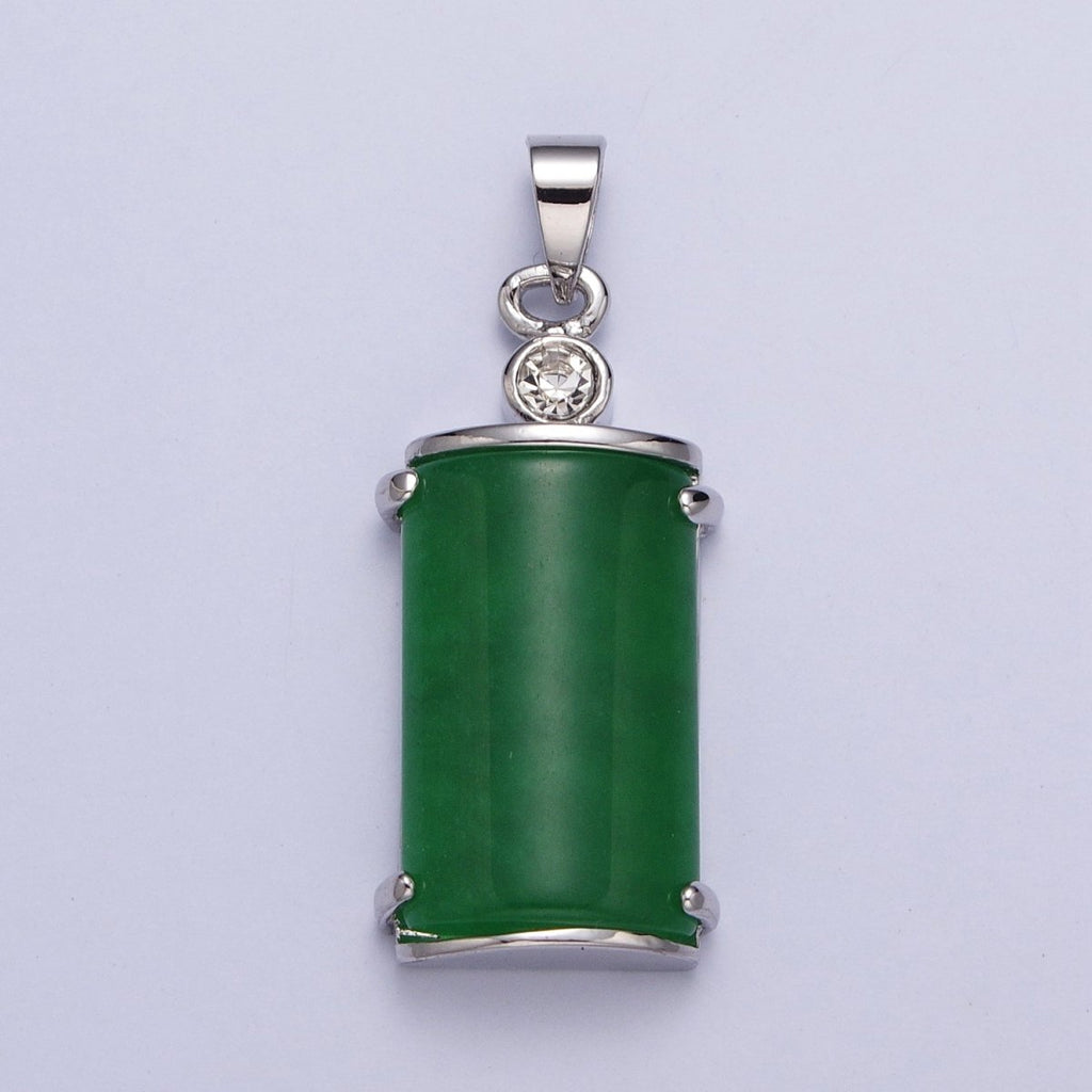 White Gold plated Malaysian Green Jade Minimalist CZ Half Cylinder Pendant | AA101 - DLUXCA