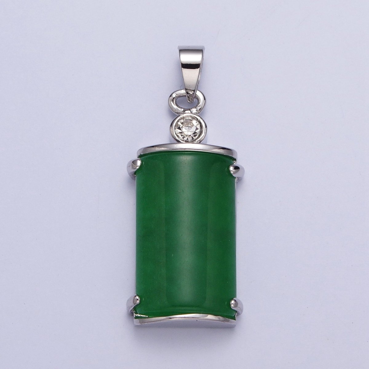 White Gold plated Malaysian Green Jade Minimalist CZ Half Cylinder Pendant | AA101 - DLUXCA