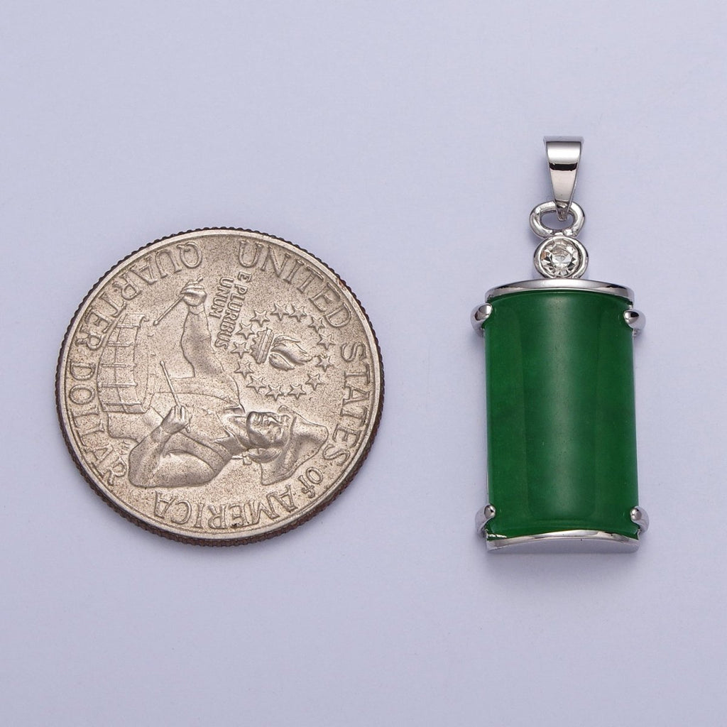 White Gold plated Malaysian Green Jade Minimalist CZ Half Cylinder Pendant | AA101 - DLUXCA