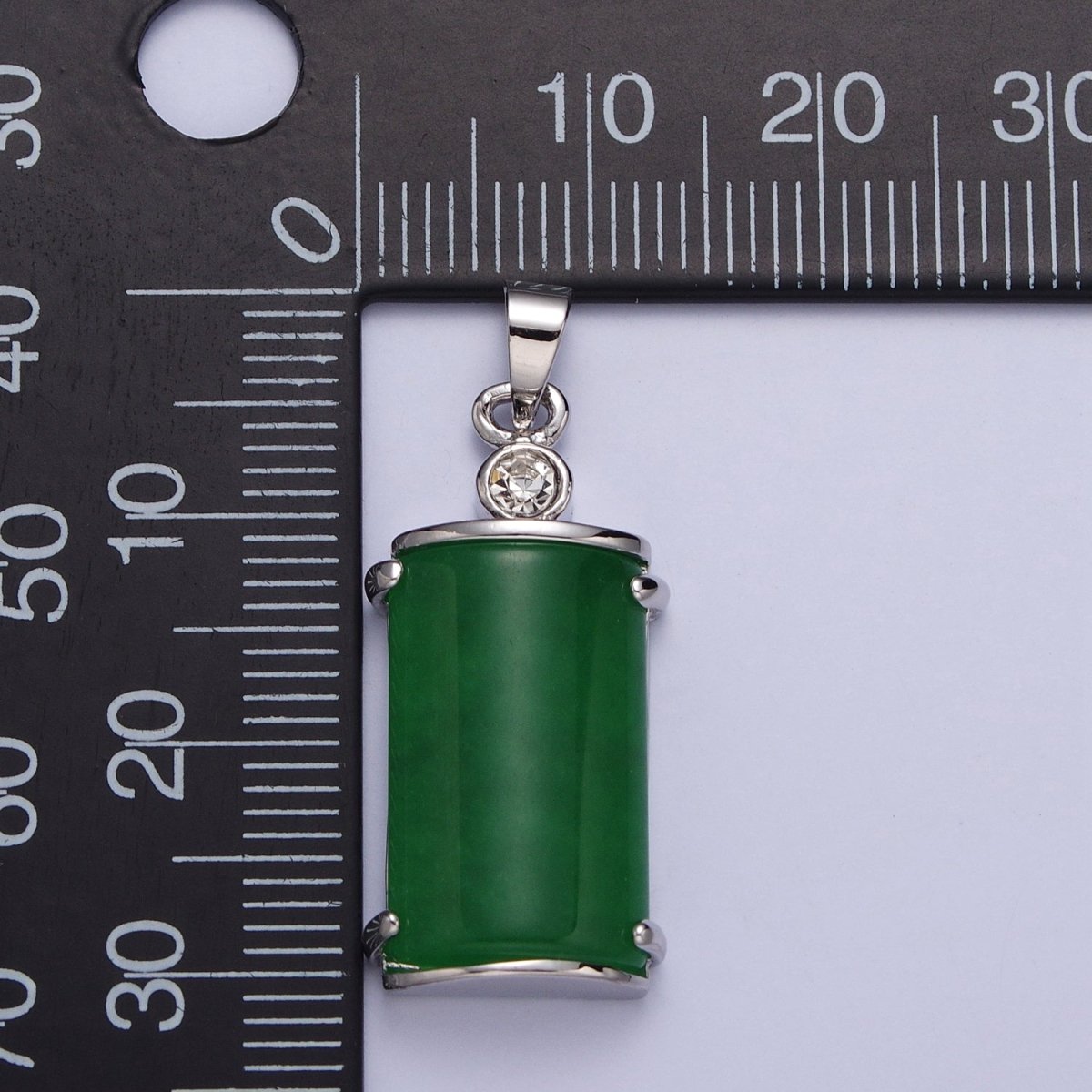 White Gold plated Malaysian Green Jade Minimalist CZ Half Cylinder Pendant | AA101 - DLUXCA