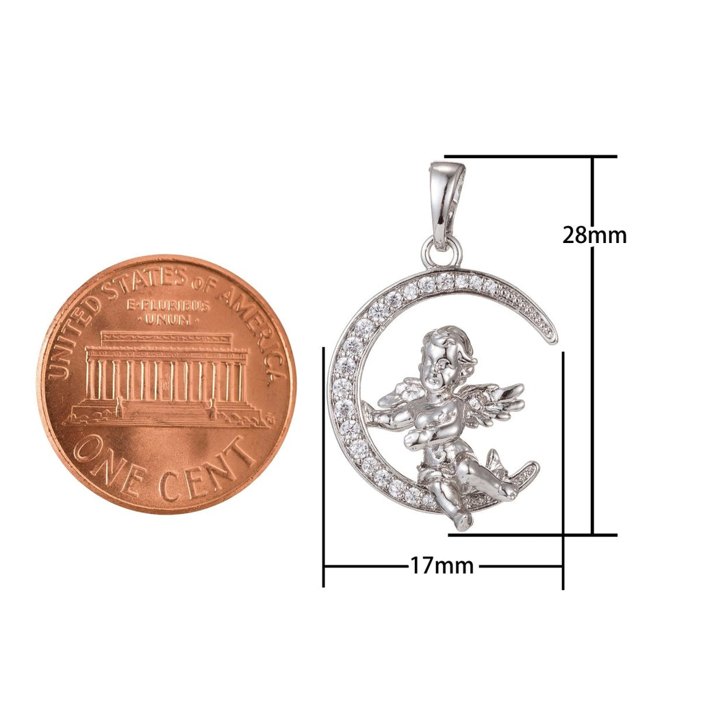 White Gold plated Micro Pave CZ Angel Pendant Charm, Micro Pave CZ Pendant Charm, White Gold plated Pendant, For DIY Jewelry I-467 - DLUXCA