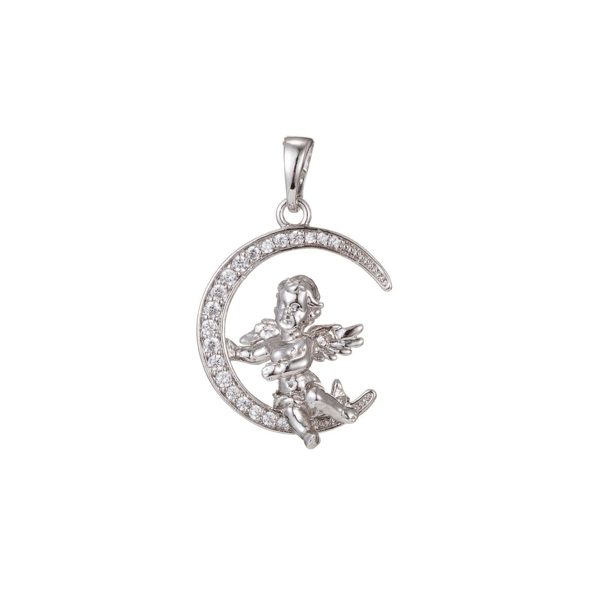 White Gold plated Micro Pave CZ Angel Pendant Charm, Micro Pave CZ Pendant Charm, White Gold plated Pendant, For DIY Jewelry I-467 - DLUXCA