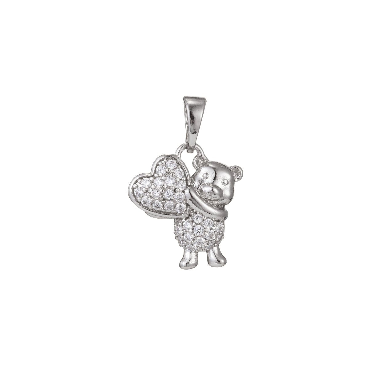 White Gold plated Micro Pave CZ Bear Love You Pendant Charm, Bear Pendant Charm, White Gold Bear Pendant, For DIY Jewelry I-490 - DLUXCA